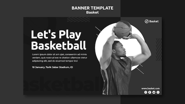 無料PSD 男性のバスケットボール選手と黒と白の水平バナーテンプレート