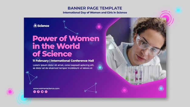 PSD gratuito modello di banner orizzontale per la giornata internazionale di donne e ragazze nella celebrazione della scienza con scienziato femminile
