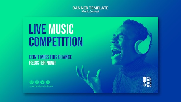 PSD gratuito modello di banner orizzontale per concorso di musica dal vivo con esecutore