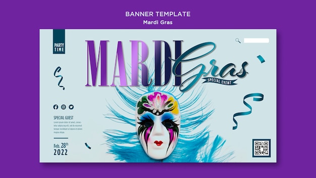 Free PSD horizontal banner template for mardi gras with carnival mask