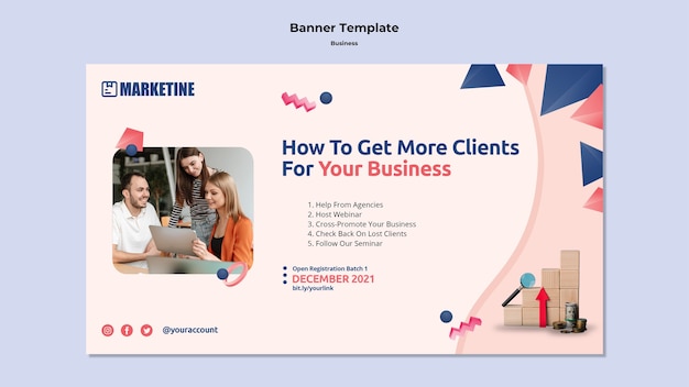 Horizontal banner template for marketing business with geometric shapes