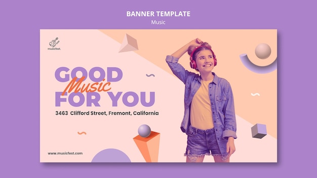 PSD gratuito modello di banner orizzontale per musica con donna che utilizza le cuffie e balli