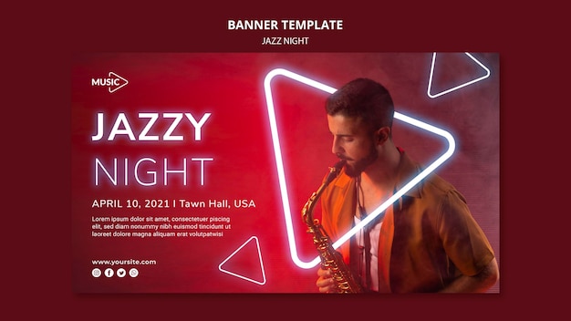 Modello di banner orizzontale per evento notturno al neon jazz