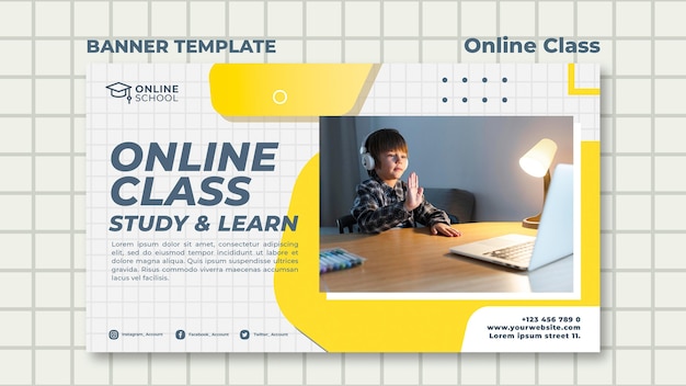 PSD gratuito modello di banner orizzontale per lezioni online con bambino