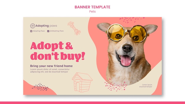 Horizontal banner template for pet adoption with dog