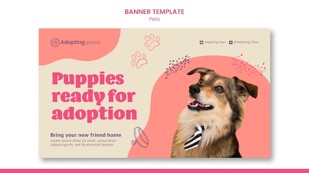 Modello di banner orizzontale per l'adozione di animali domestici con cane