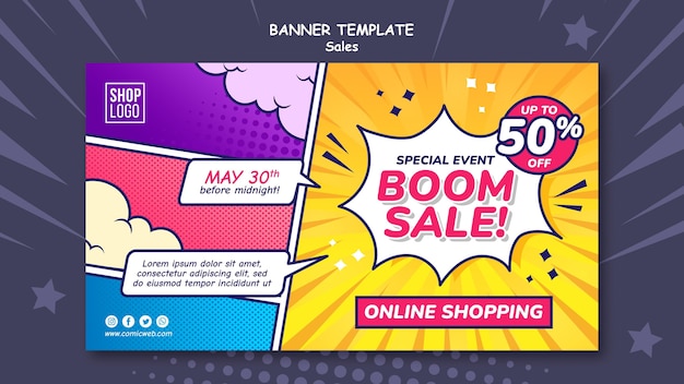 Horizontal banner template for sales in comic style