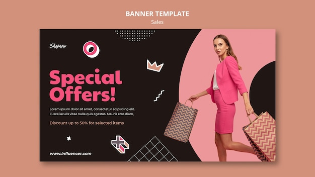 Horizontal banner template for sales with woman in pink suit