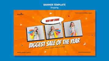 Free PSD horizontal banner template for shopping with woman holding shopping bags