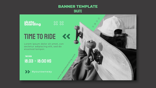 PSD gratuito modello di banner orizzontale per lo skateboard con skateboarder femminile