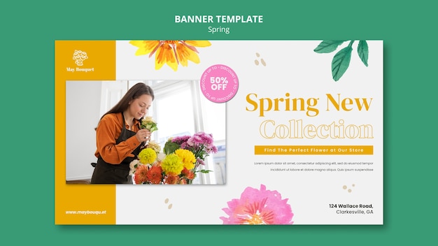 Free PSD horizontal banner template for spring with flowers