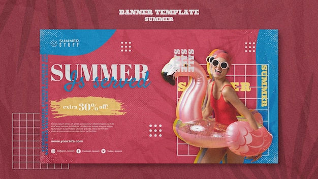 PSD gratuito modello di banner orizzontale per saldi estivi con donna