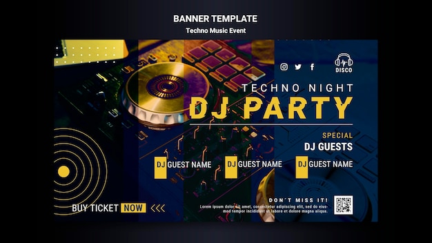 Modello di banner orizzontale per festa notturna di musica techno