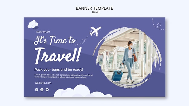 Free PSD horizontal banner template for travel with woman wearing face mask