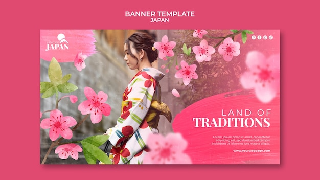 PSD gratuito modello di banner orizzontale per viaggiare in giappone con donna e fiori di ciliegio