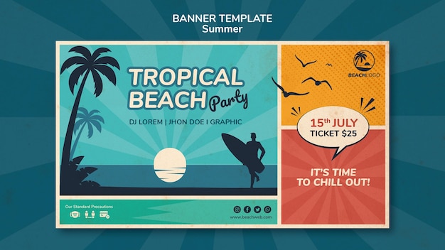 Modello di banner orizzontale per festa in spiaggia tropicale