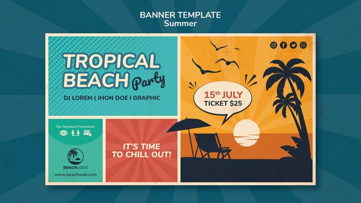 मुफ़्त PSD horizontal banner template for tropical beach party
