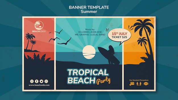 Modello di banner orizzontale per festa in spiaggia tropicale