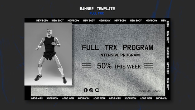 PSD gratuito modello di banner orizzontale per allenamento trx con atleta maschio