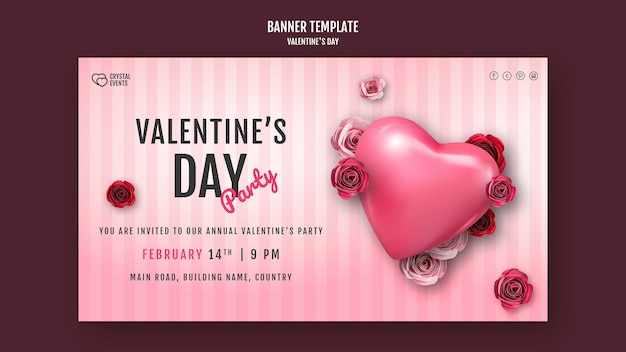 Free PSD horizontal banner template for valentine's day with heart and red roses