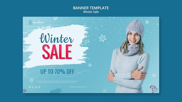 Horizontal banner template for winter sale with woman and snowflakes