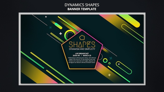 PSD gratuito modello di banner orizzontale con forme al neon geometriche dinamiche