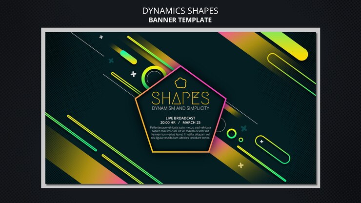 मुफ़्त PSD horizontal banner template with dynamic geometric neon shapes
