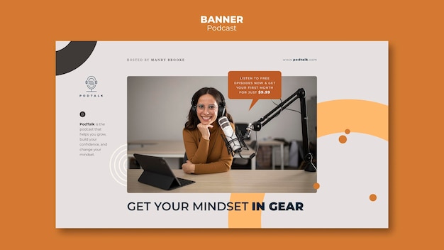 Free PSD horizontal banner template with female podcaster and microphone