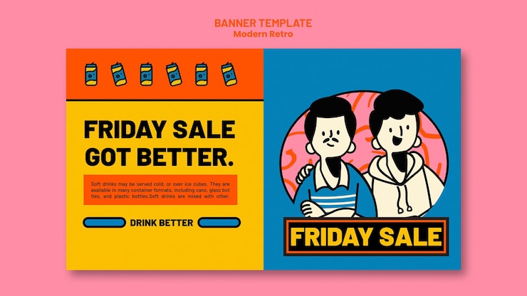 無料PSD ソフトドリンクのモダンなヴィンテージデザインの水平バナーテンプレート