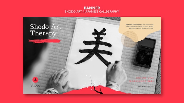 Horizontal banner template with woman practicing japanese shodo art