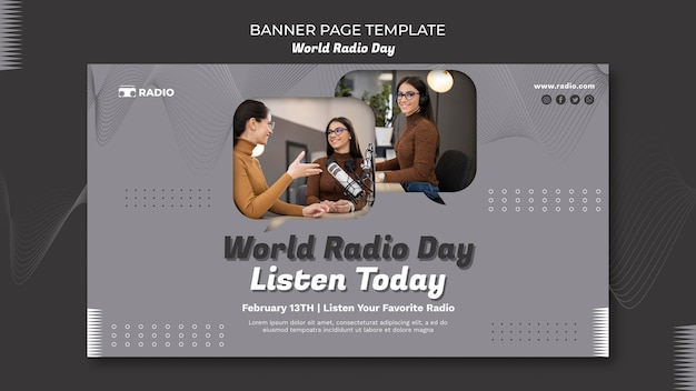 PSD gratuito modello di banner orizzontale per la giornata mondiale della radio con emittente femminile