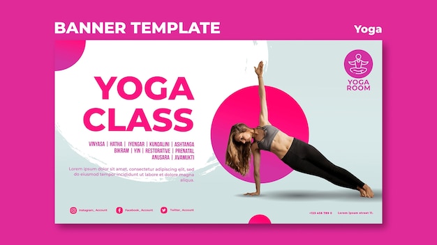 PSD gratuito modello di banner orizzontale per lezione di yoga con donna