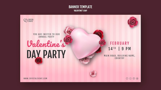 Free PSD horizontal banner for valentine's day with heart and red roses