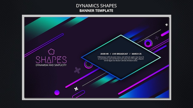 Horizontal banner with dynamic geometric neon shapes