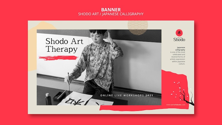 Free PSD horizontal banner with woman practicing japanese shodo art