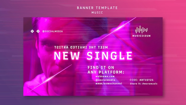 Free PSD horizontal neon banner template for music with artist