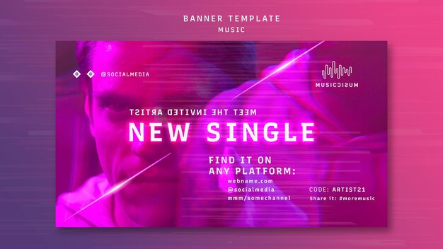 Horizontal neon banner template for music with artist
