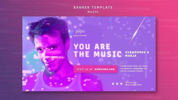 Horizontal neon banner template for music with artist