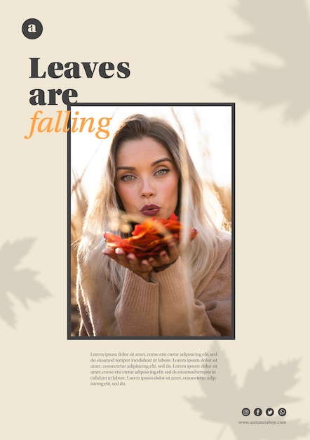 Free PSD horizontal web template with woman holding orange leaves