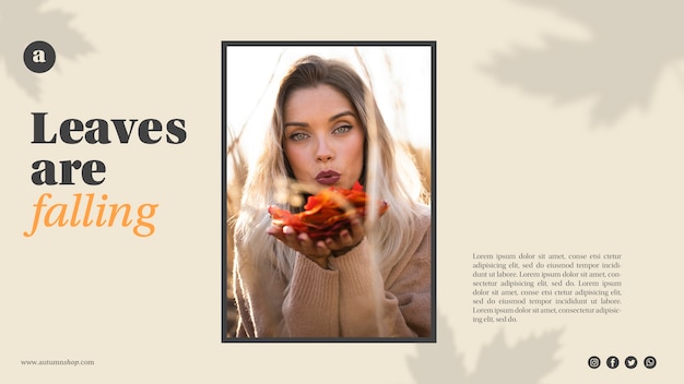 Free PSD horizontal web template with woman holding orange leaves