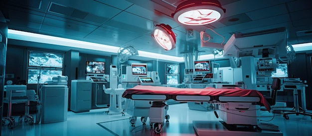 Free PSD hospital empty operation room with surgery bed and surgery light generative ai