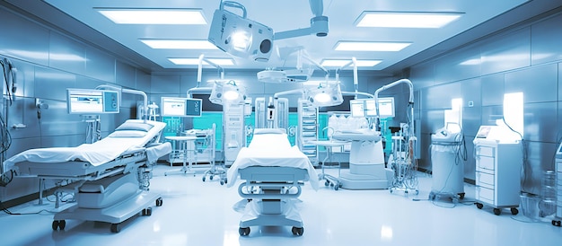 Hospital empty operation room with surgery bed and surgery light generative ai