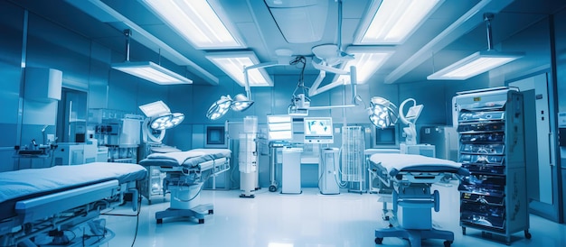 Free PSD hospital empty operation room with surgery bed and surgery light generative ai