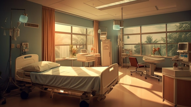 Hospital recovery room with beds and chairs generative ai