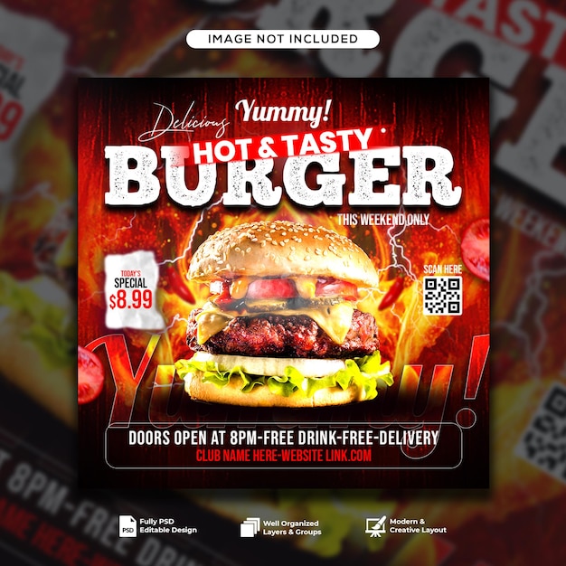 Hot amp tasty special burger menu on promotion social media banner template