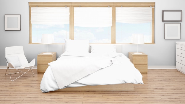 더블 침대와 대형 창문이있는 호텔 객실 또는 침실