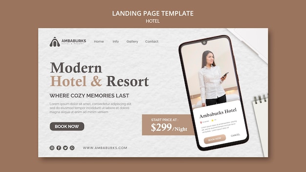 PSD gratuito pagina di destinazione del design del modello di hotel