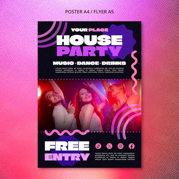Бесплатный PSD Шаблон плаката для домашней вечеринки