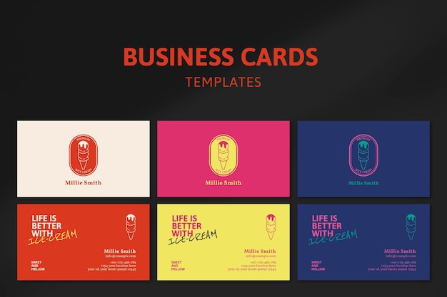 Ice cream business card template psd set with cute doodle