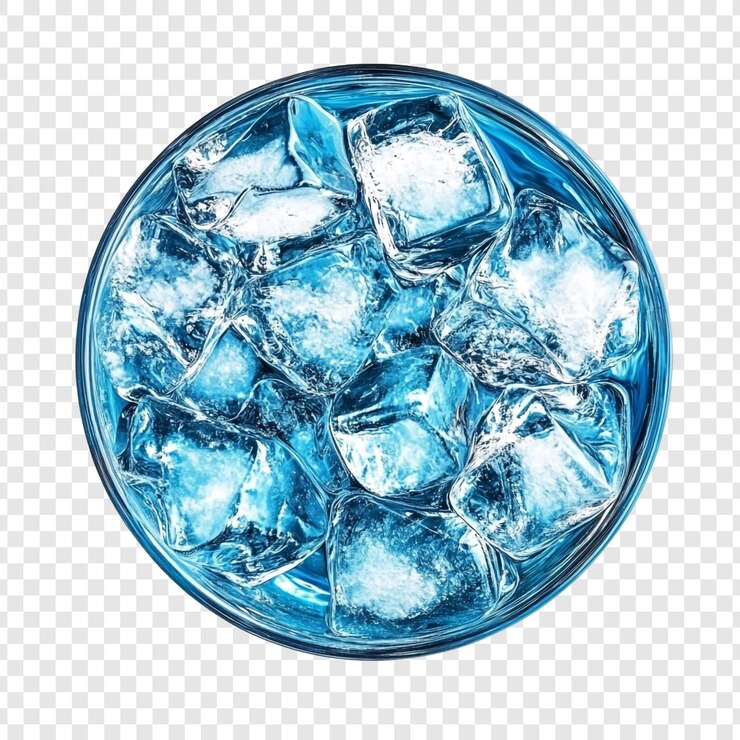 Free PSD icy blue refreshment a topdown view of a glass filled with sparkling blue liquid and ice cubes